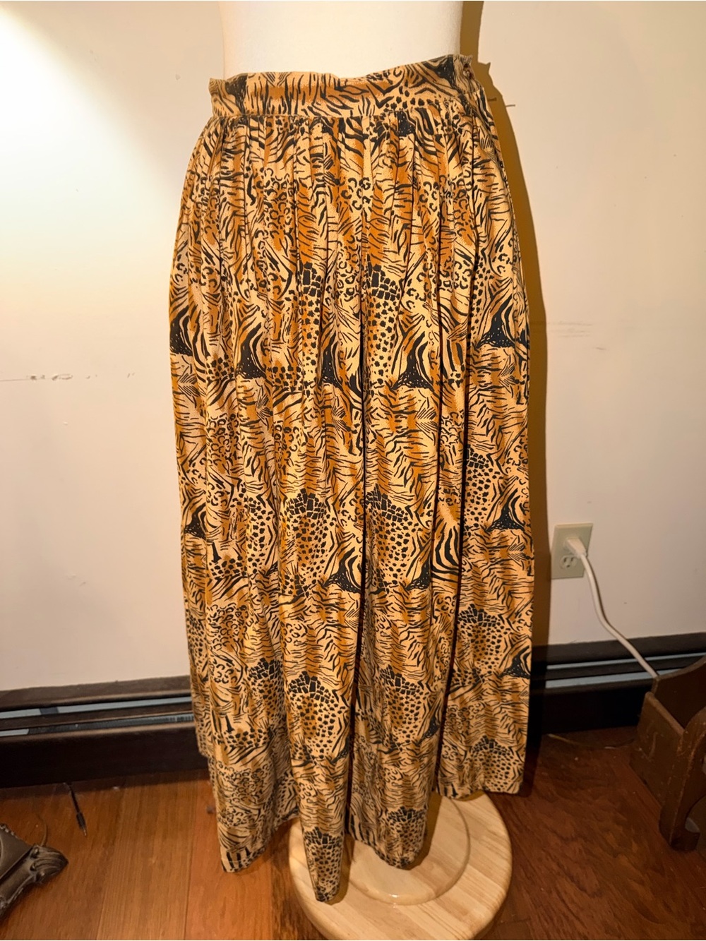 Vintage Cotton Woven Animal Print Maxi Skirt in Tan and Black